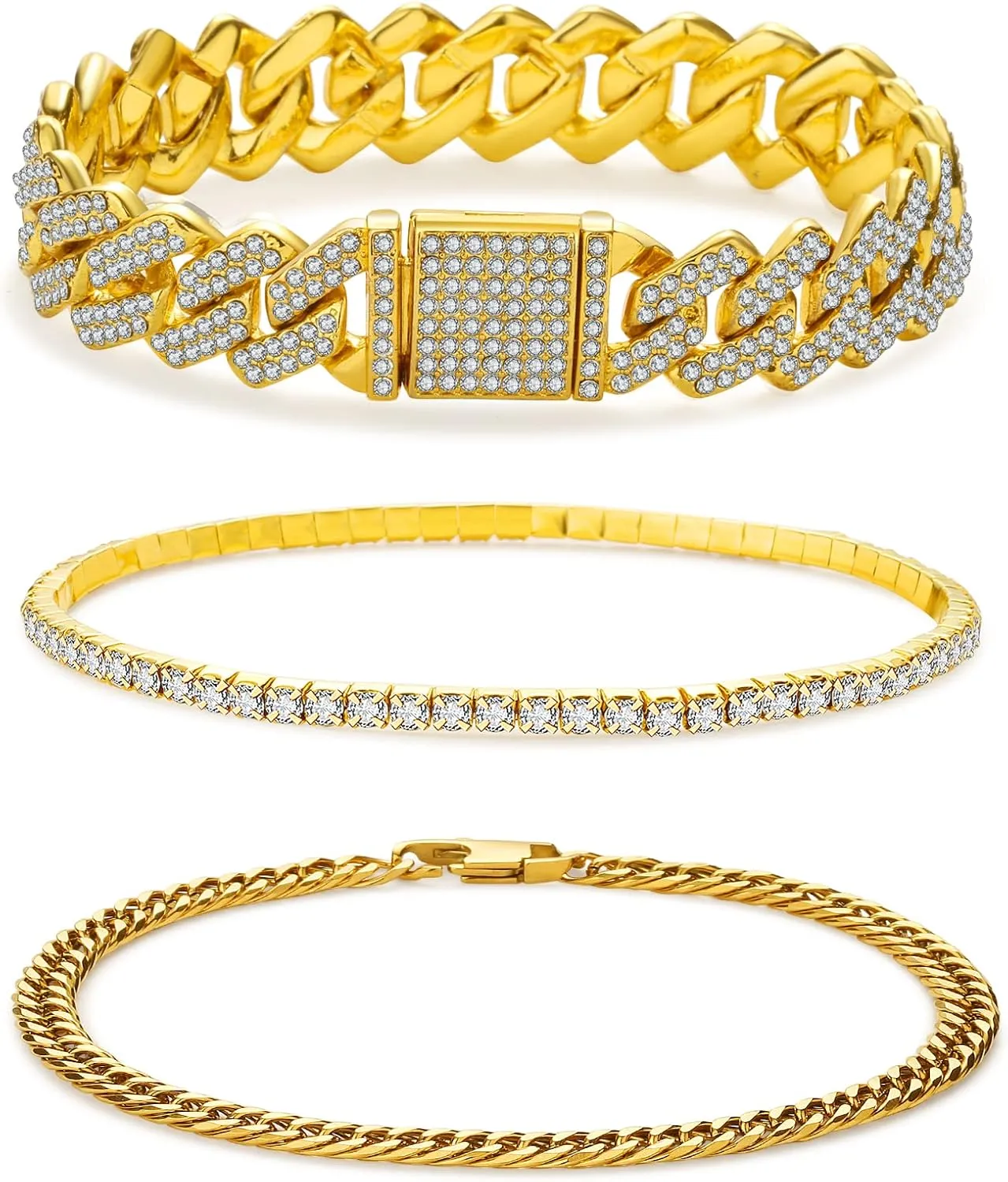 JUNVirtuous 3 Pieces Bracelets Set for Women Cuban Link Chain Ankle Bracelets Silver/Gold Bling Diamond Hip Hop Jewelry Gift for Men and Women