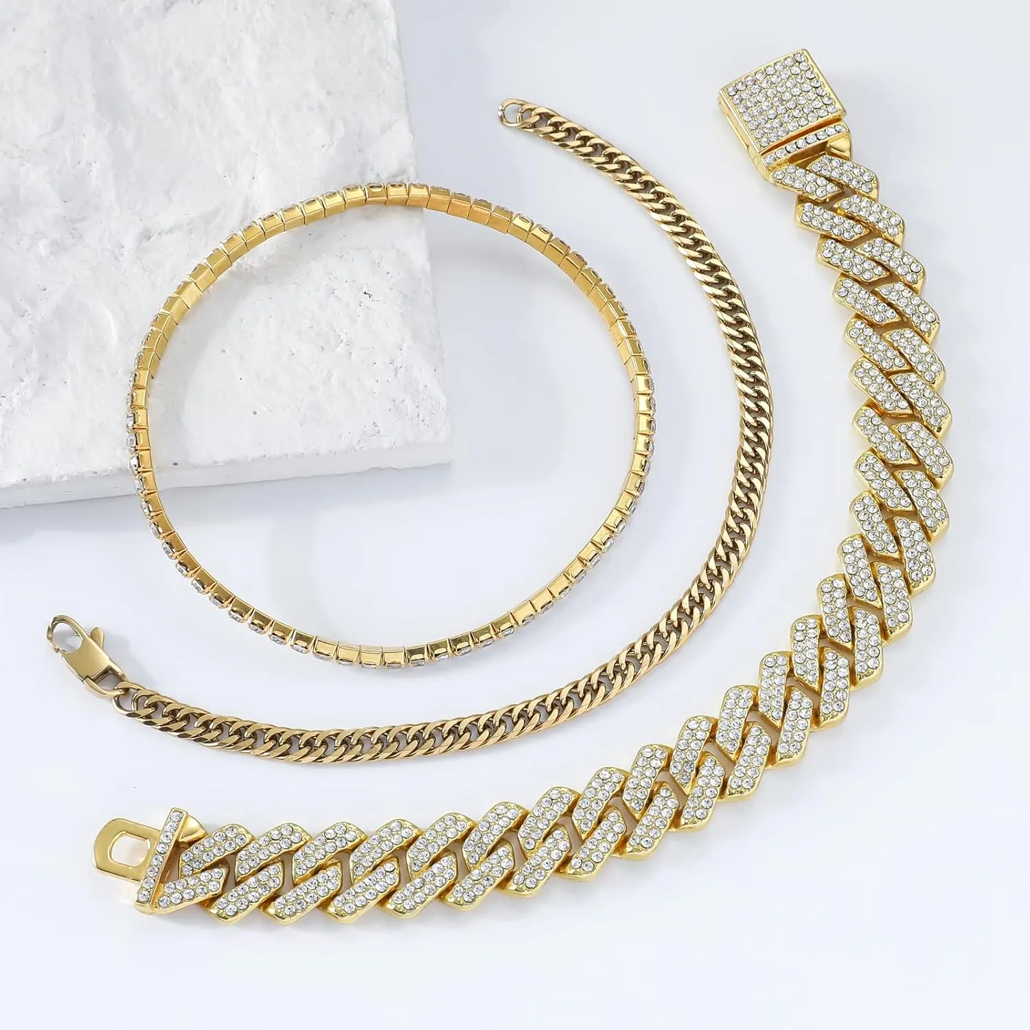 JUNVirtuous 3 Pieces Bracelets Set for Women Cuban Link Chain Ankle Bracelets Silver/Gold Bling Diamond Hip Hop Jewelry Gift for Men and Women
