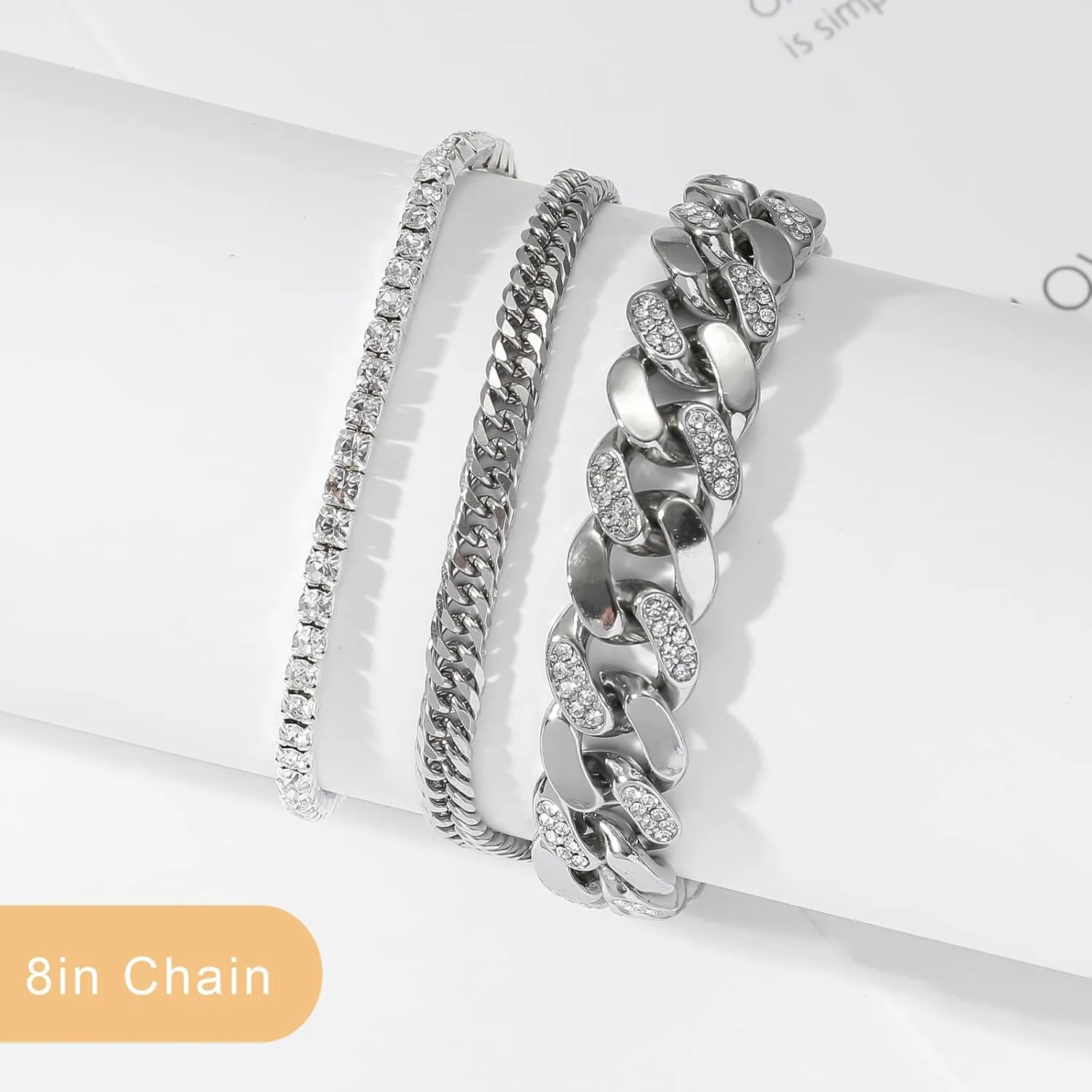 JUNVirtuous 3 Pieces Bracelets Set for Women Cuban Link Chain Ankle Bracelets Silver/Gold Bling Diamond Hip Hop Jewelry Gift for Men and Women