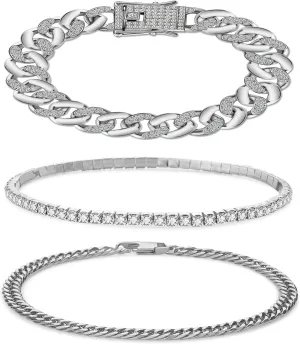 JUNVirtuous 3 Pieces Bracelets Set for Women Cuban Link Chain Ankle Bracelets Silver/Gold Bling Diamond Hip Hop Jewelry Gift for Men and Women