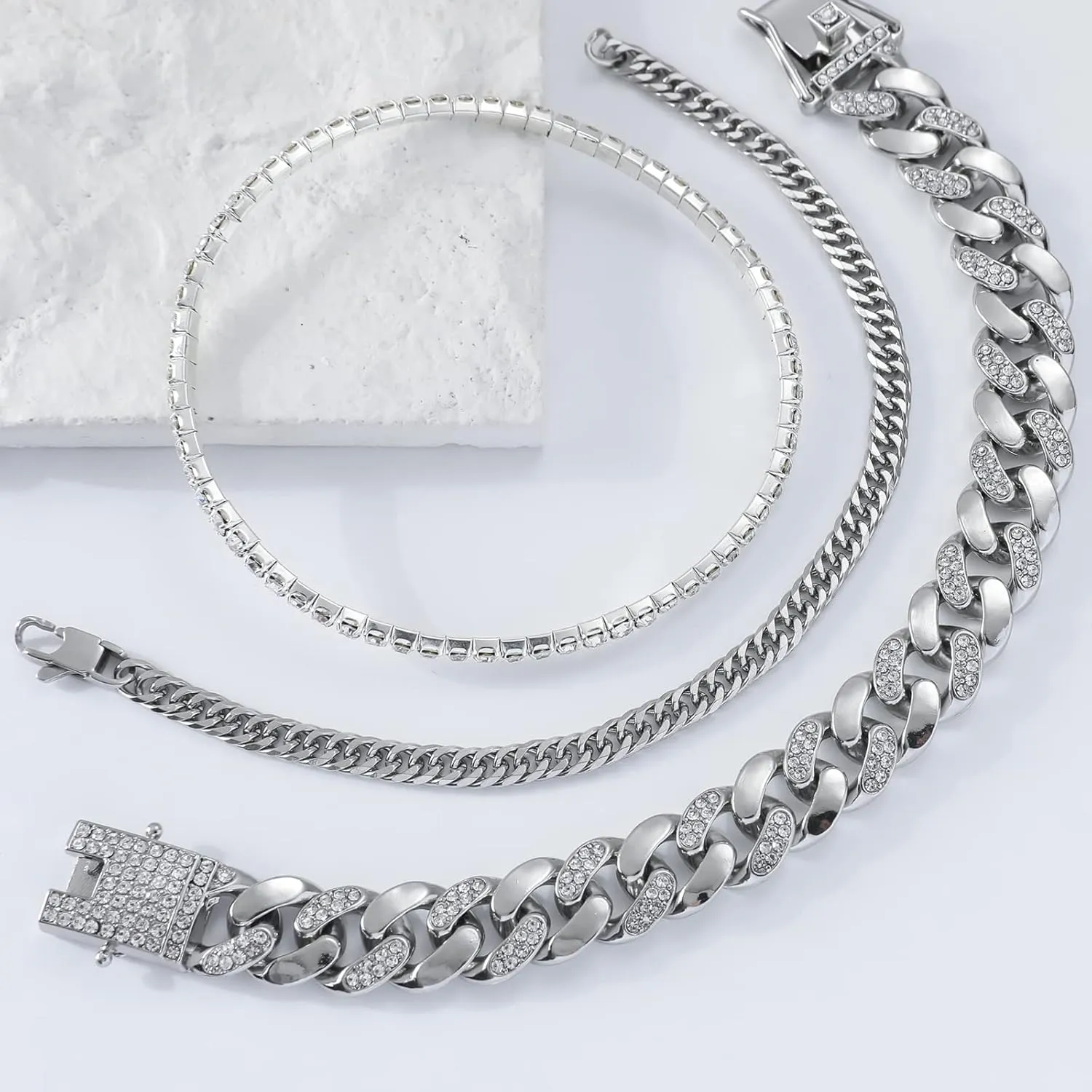 JUNVirtuous 3 Pieces Bracelets Set for Women Cuban Link Chain Ankle Bracelets Silver/Gold Bling Diamond Hip Hop Jewelry Gift for Men and Women