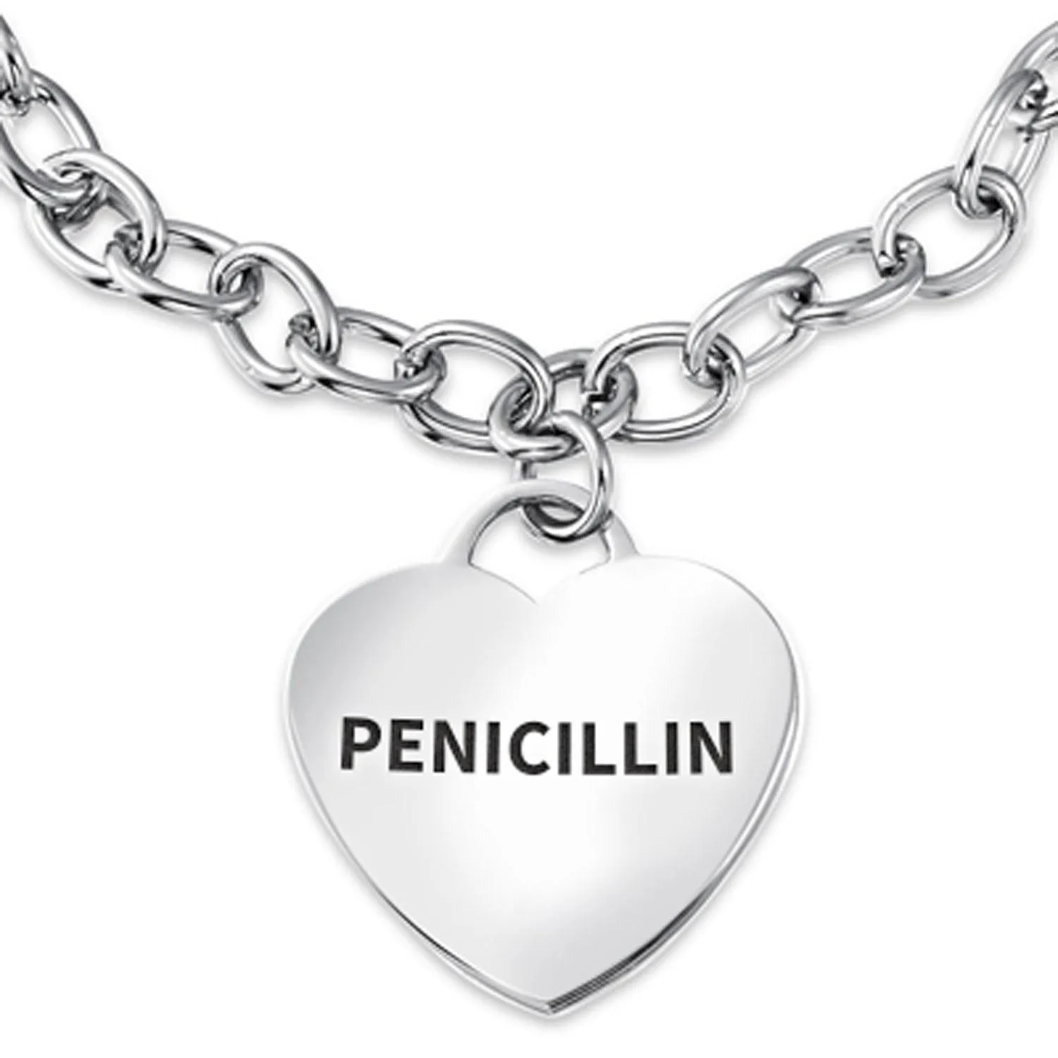 Link Chain Red Medical ID Bracelet with Heart Tag Silver Tone 7-7.5 Inch
