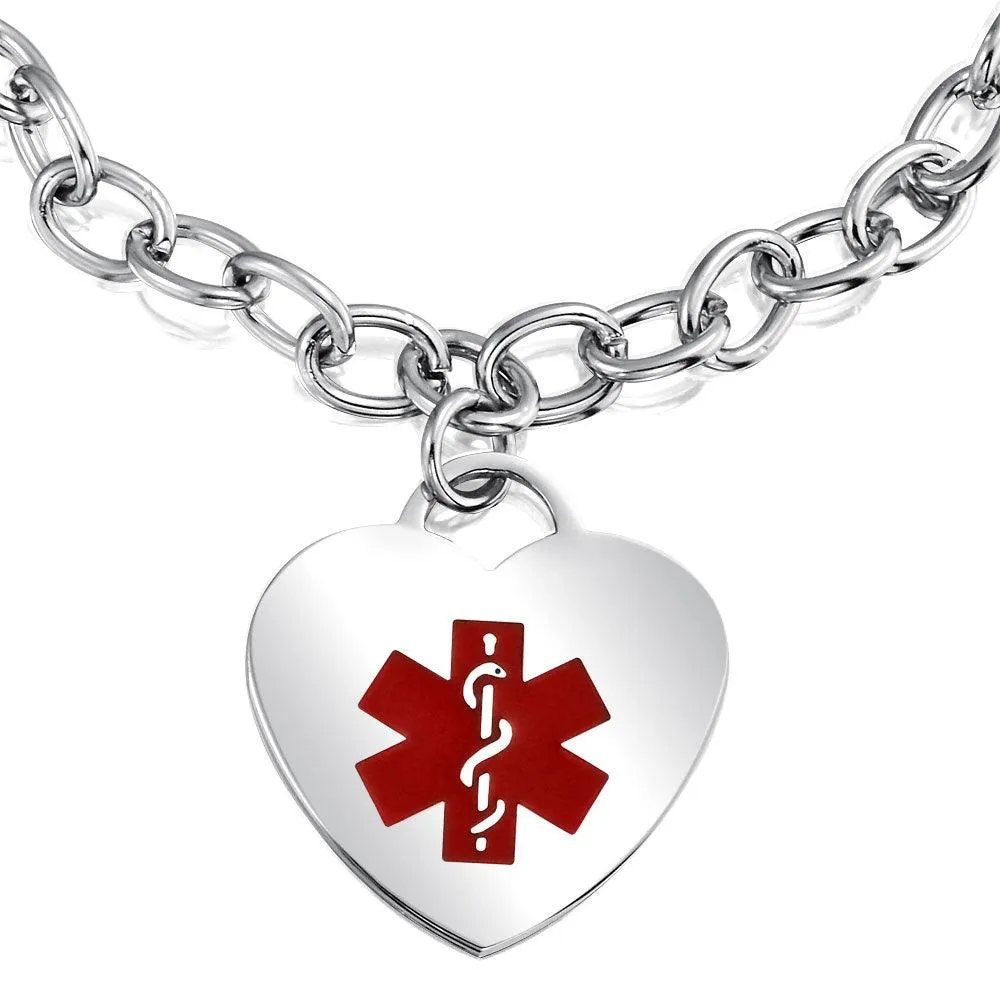 Link Chain Red Medical ID Bracelet with Heart Tag Silver Tone 7-7.5 Inch