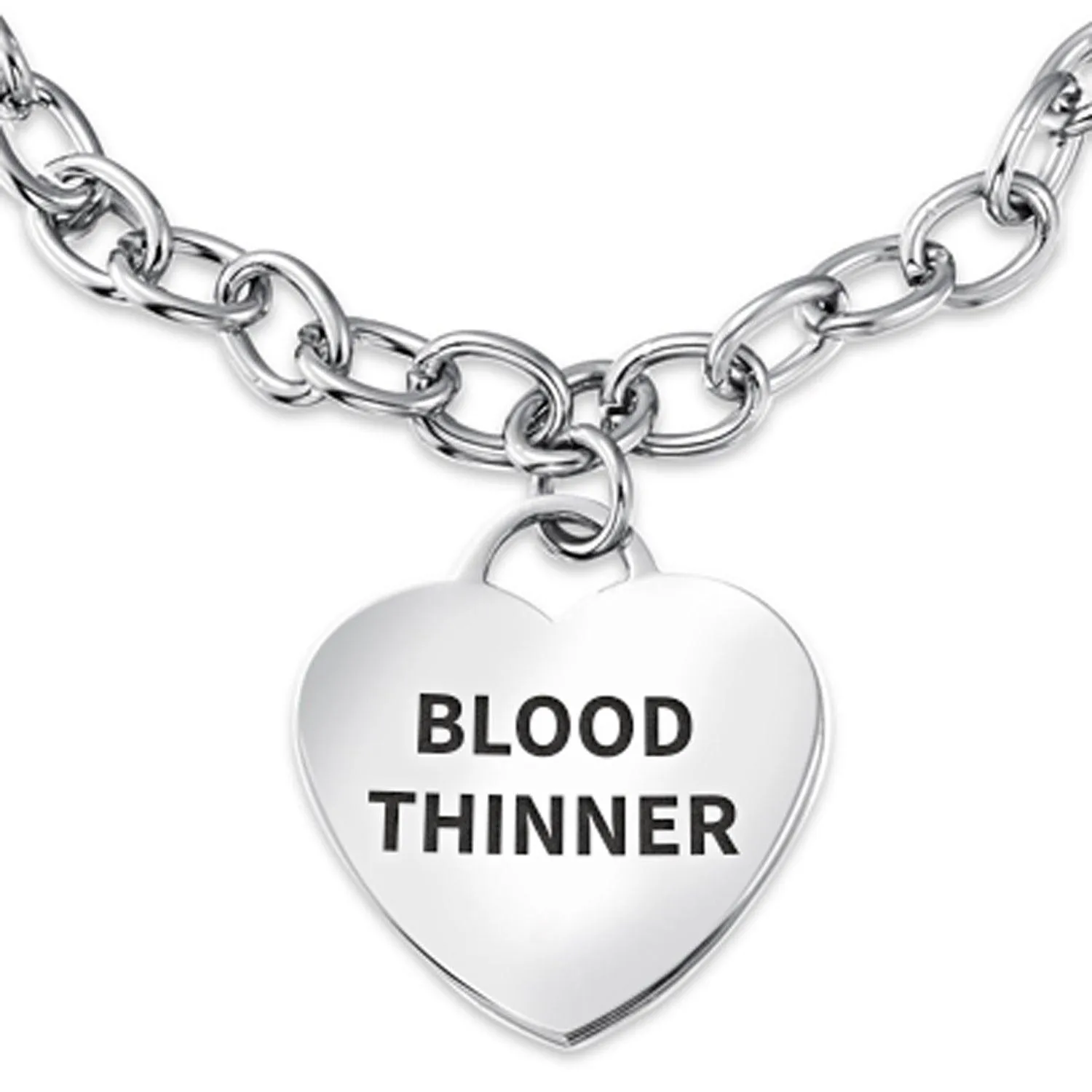 Link Chain Red Medical ID Bracelet with Heart Tag Silver Tone 7-7.5 Inch