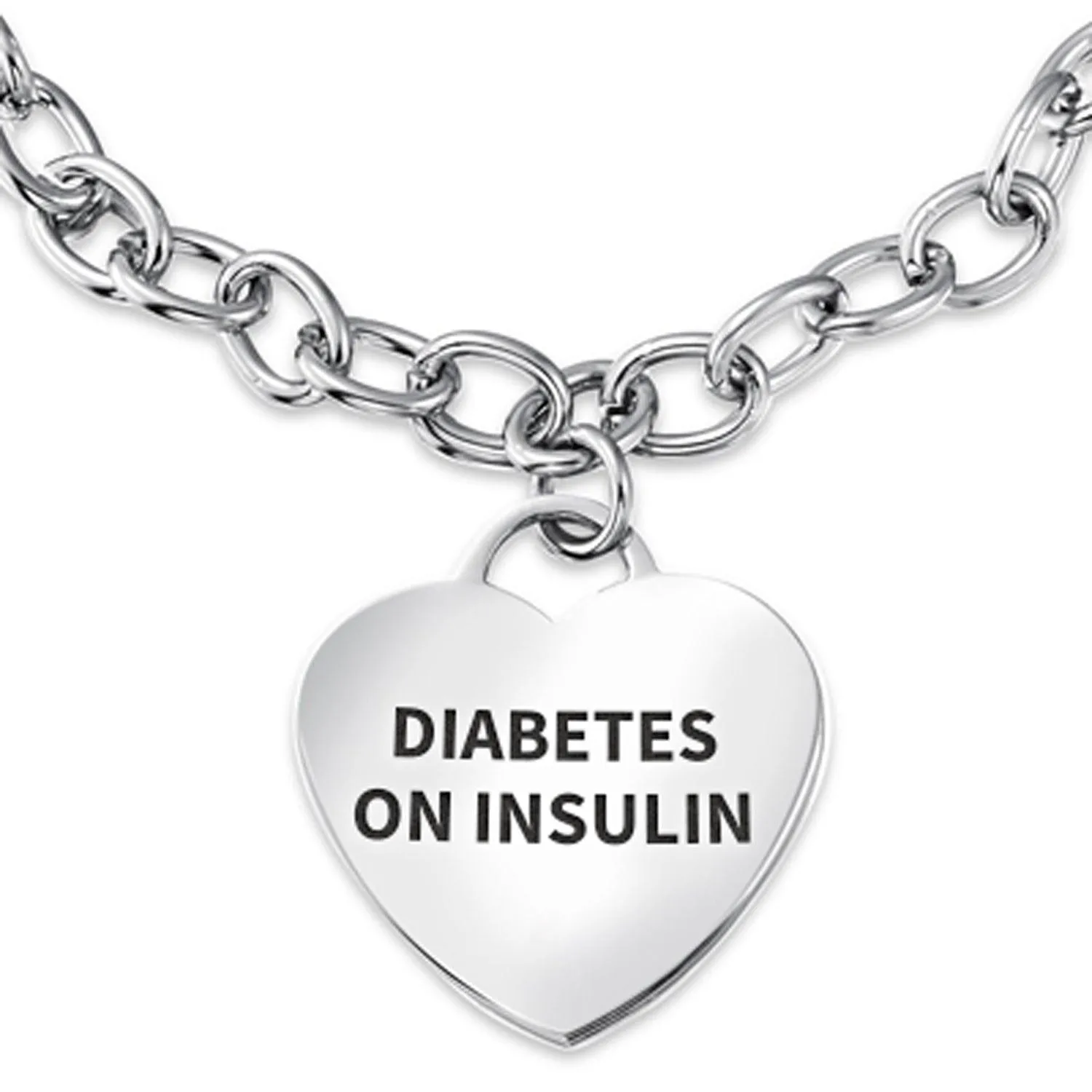 Link Chain Red Medical ID Bracelet with Heart Tag Silver Tone 7-7.5 Inch