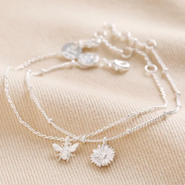 Lisa Angel- Set of 2 Daisy and Bee Chain Bracelets in Silver