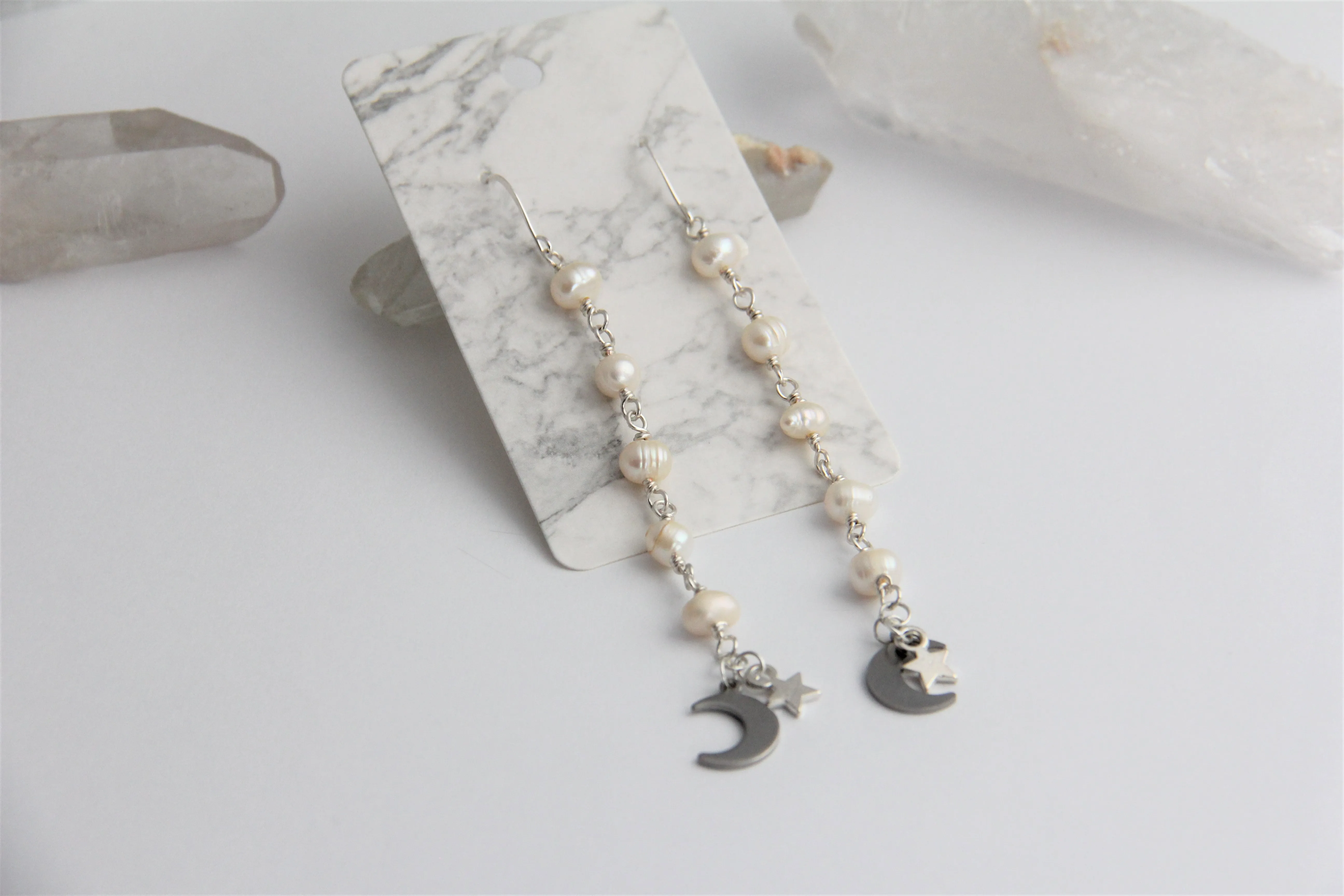 Long Fresh Water Pearl Drop Moon Earrings