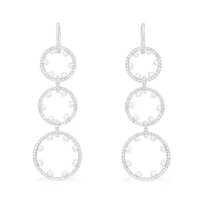 Long Pavé Hoop Earrings with Pearls - Silver