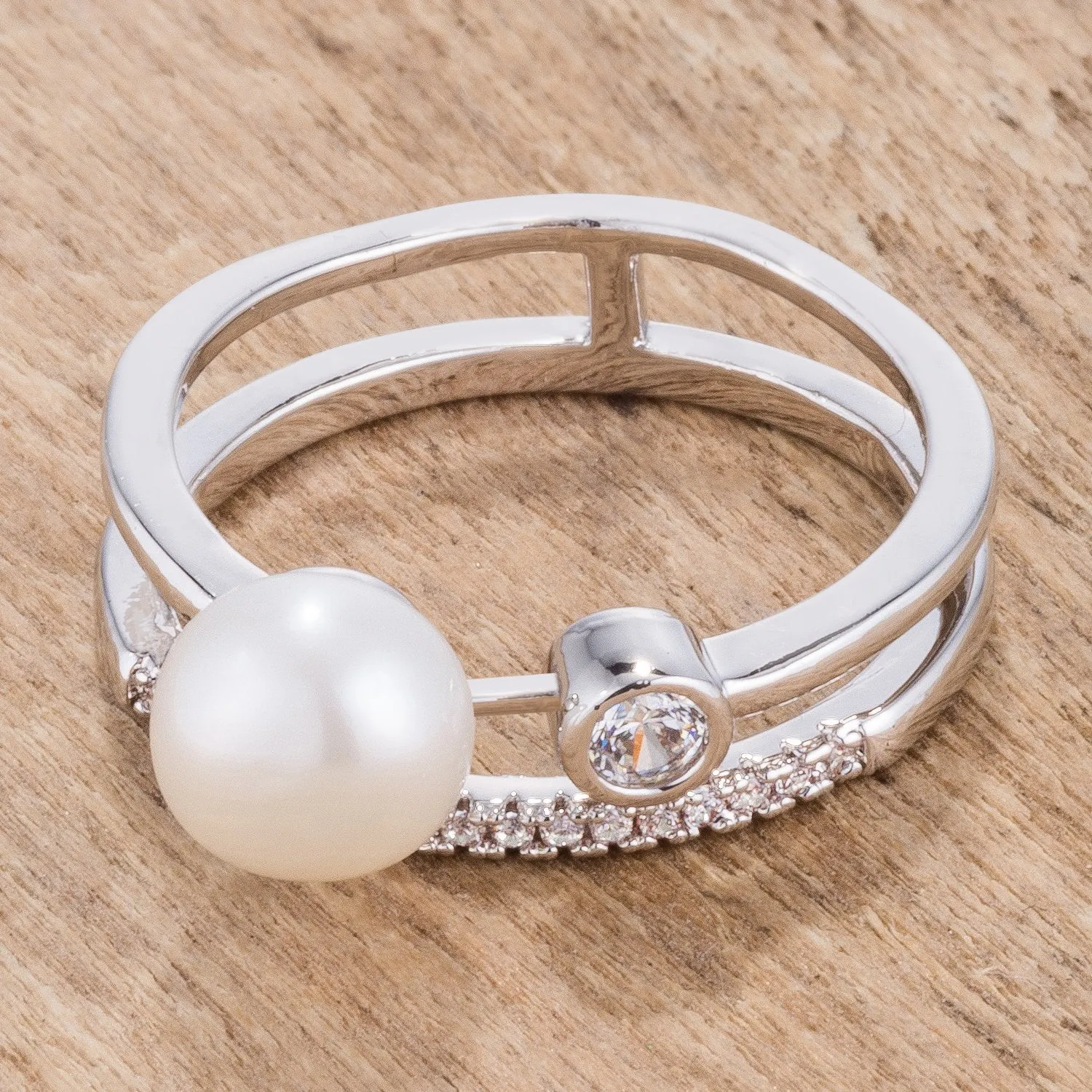 LOVCIA Elegant Rhodium Plated Double Band Ring with .15Ct CZ and Freshwater Pearl