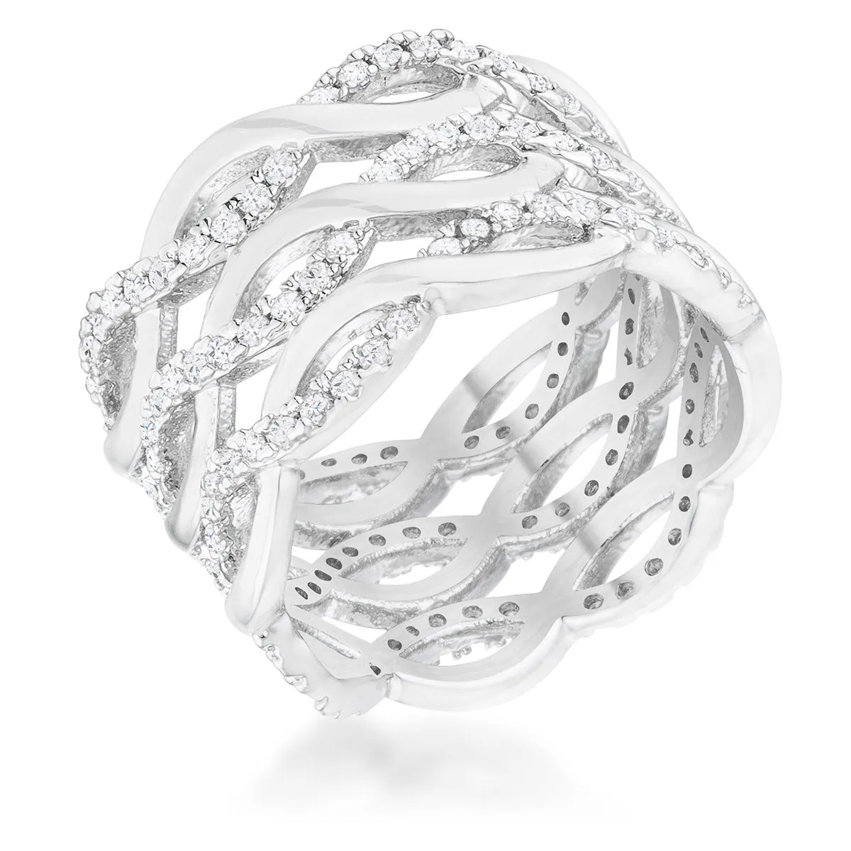 LOVCIA Elegant Rhodium-Plated Wide Twist Cocktail Ring with 0.88ct CZ