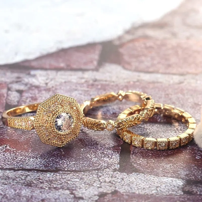 Luxury 3 PC Bridal Ring Sets Noble Royal Golden Color With Cubic Zircon Stone  Ring