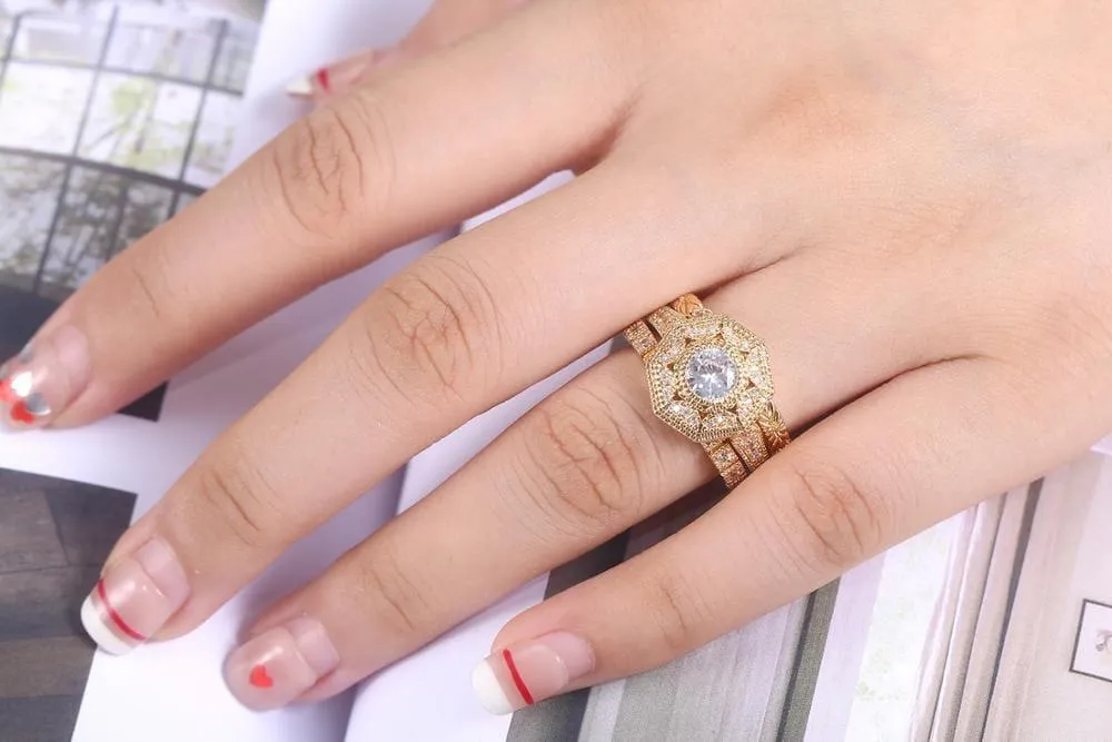 Luxury 3 PC Bridal Ring Sets Noble Royal Golden Color With Cubic Zircon Stone  Ring