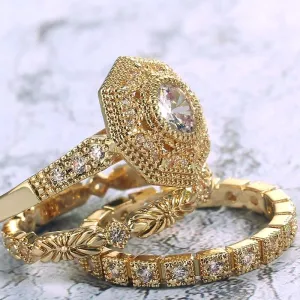 Luxury 3 PC Bridal Ring Sets Noble Royal Golden Color With Cubic Zircon Stone  Ring