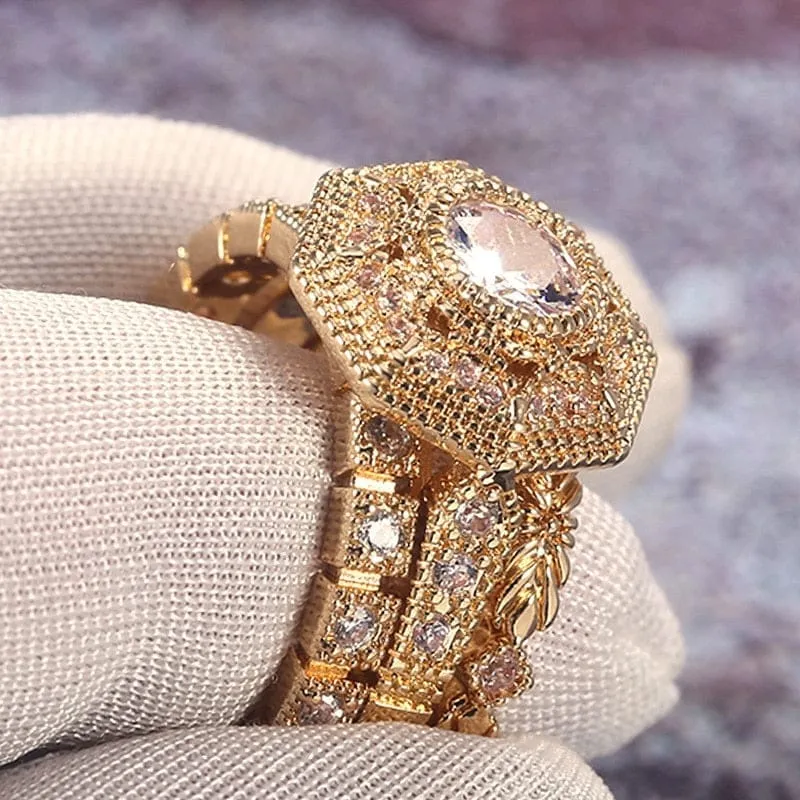 Luxury 3 PC Bridal Ring Sets Noble Royal Golden Color With Cubic Zircon Stone  Ring