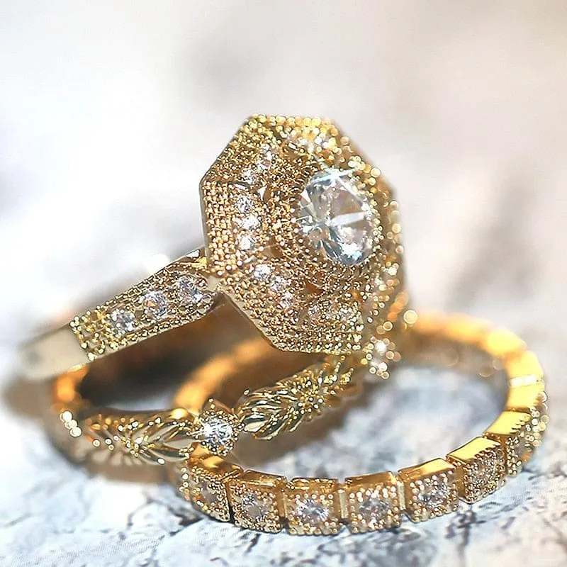 Luxury 3 PC Bridal Ring Sets Noble Royal Golden Color With Cubic Zircon Stone  Ring
