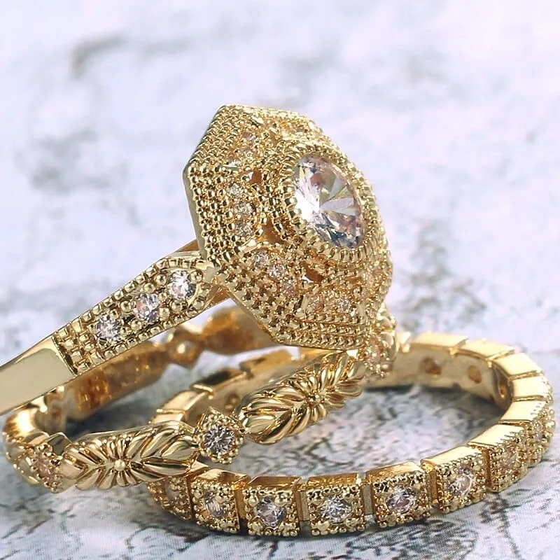 Luxury 3 PC Bridal Ring Sets Noble Royal Golden Color With Cubic Zircon Stone  Ring