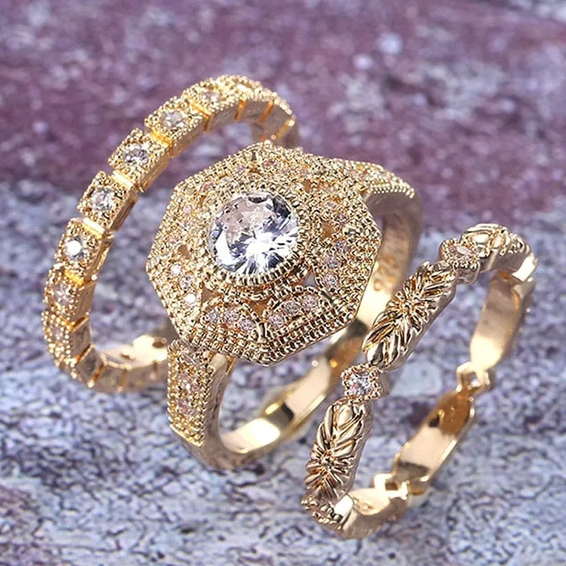 Luxury 3 PC Bridal Ring Sets Noble Royal Golden Color With Cubic Zircon Stone  Ring