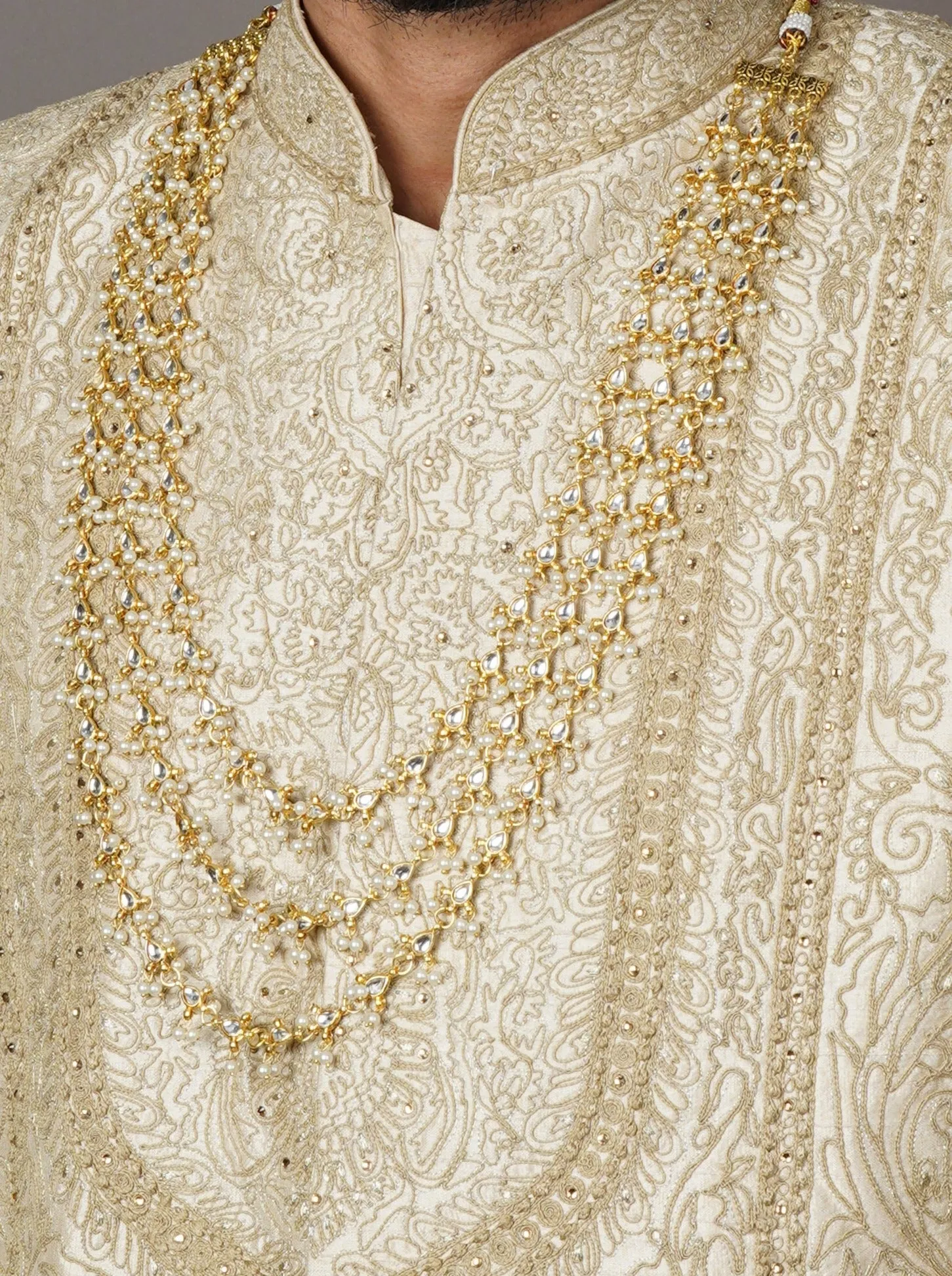 Majestic Triple Layer Kundan Groom Sherwani Biya Mala
