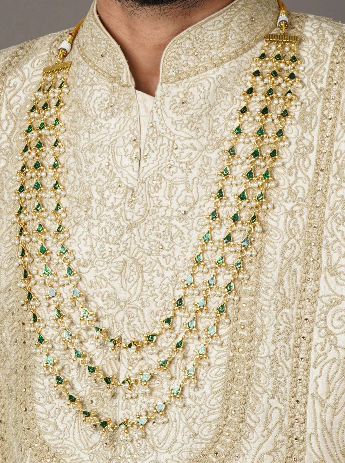 Majestic Triple Layer Kundan Groom Sherwani Biya Mala