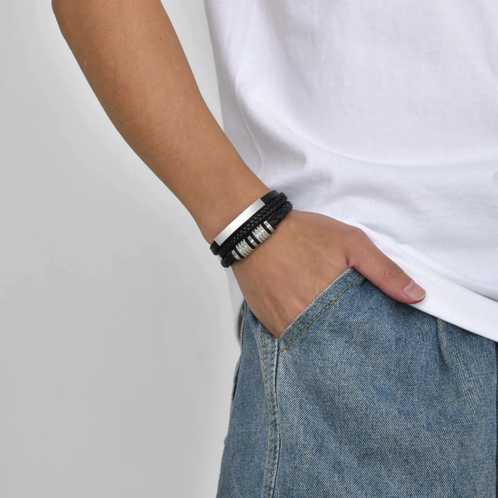 Mens Free Custom Leather Bracelets,Stylish 3 Layers Rope Chain Wristband