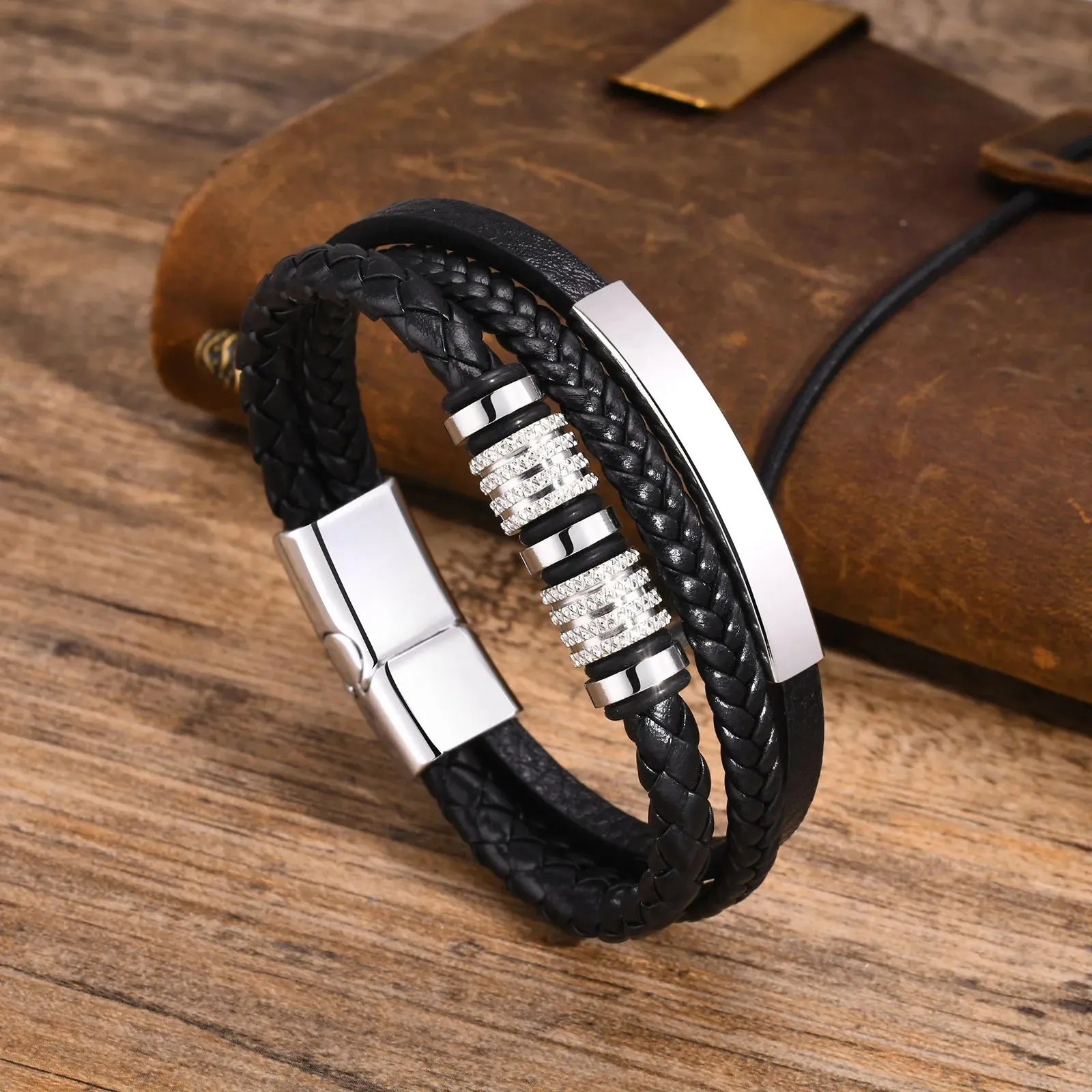 Mens Free Custom Leather Bracelets,Stylish 3 Layers Rope Chain Wristband
