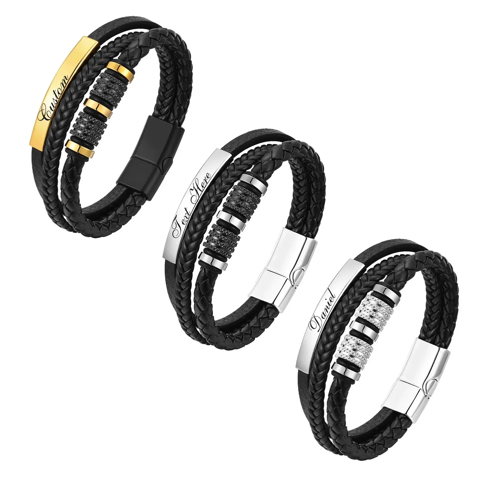 Mens Free Custom Leather Bracelets,Stylish 3 Layers Rope Chain Wristband