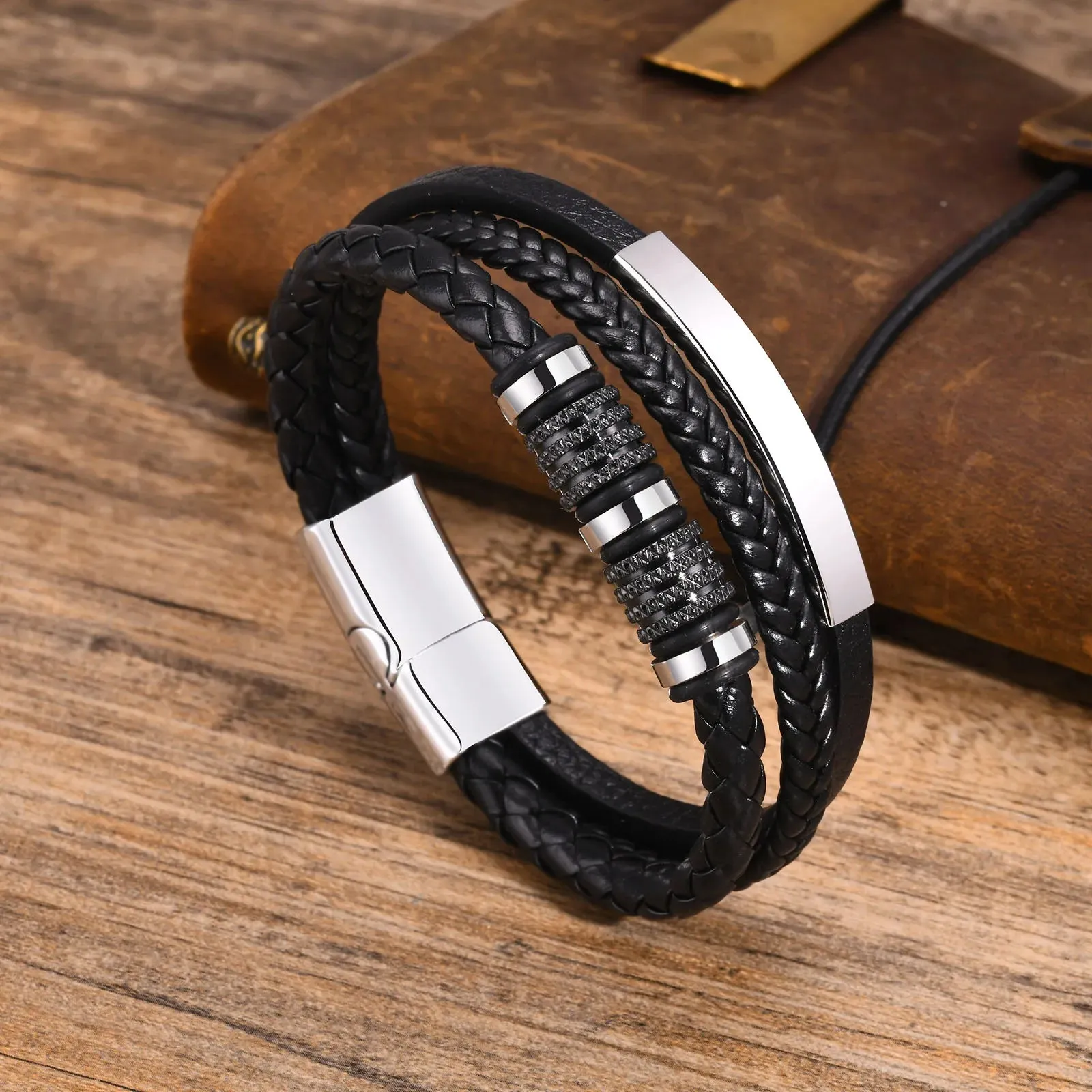 Mens Free Custom Leather Bracelets,Stylish 3 Layers Rope Chain Wristband