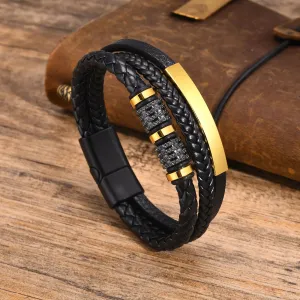 Mens Free Custom Leather Bracelets,Stylish 3 Layers Rope Chain Wristband