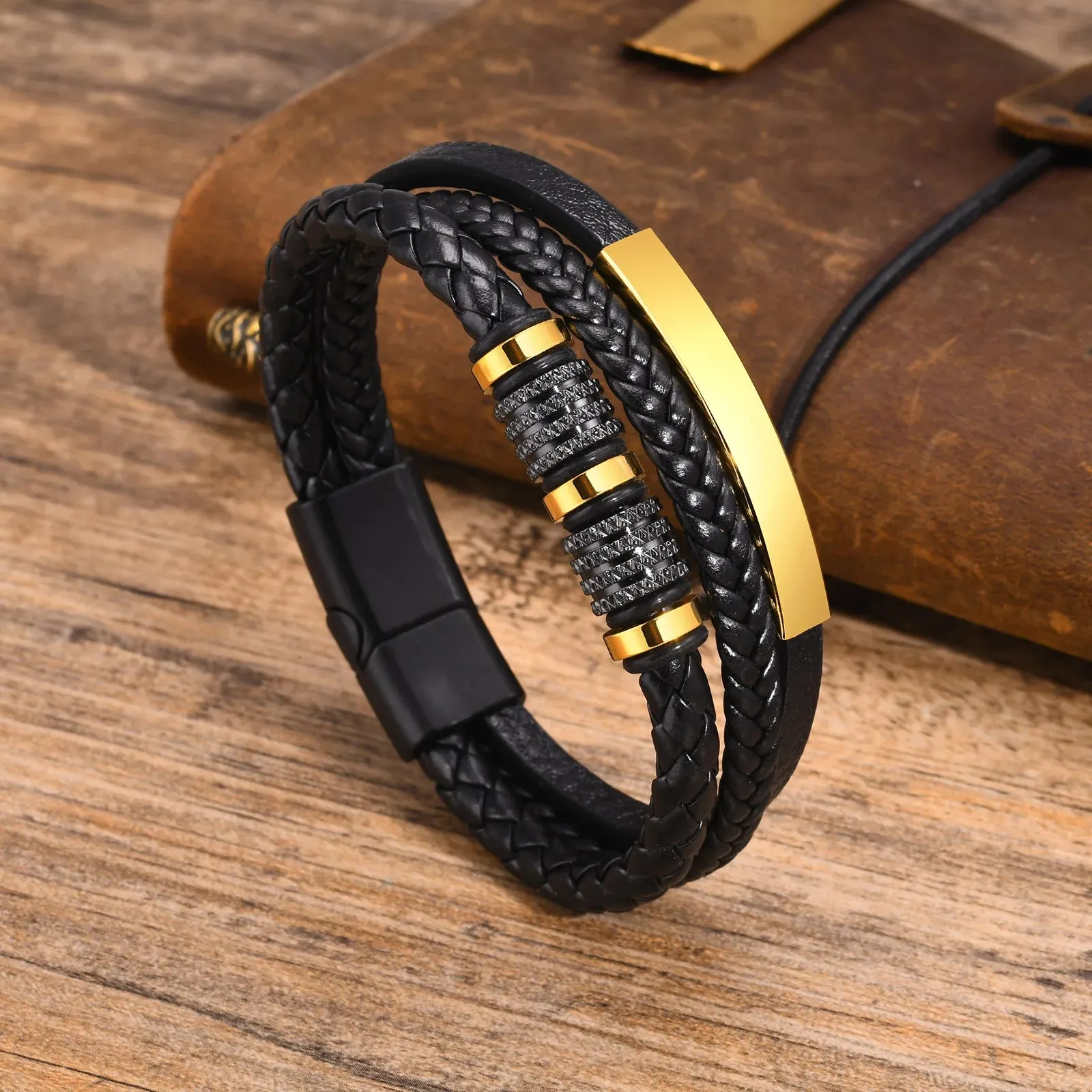Mens Free Custom Leather Bracelets,Stylish 3 Layers Rope Chain Wristband