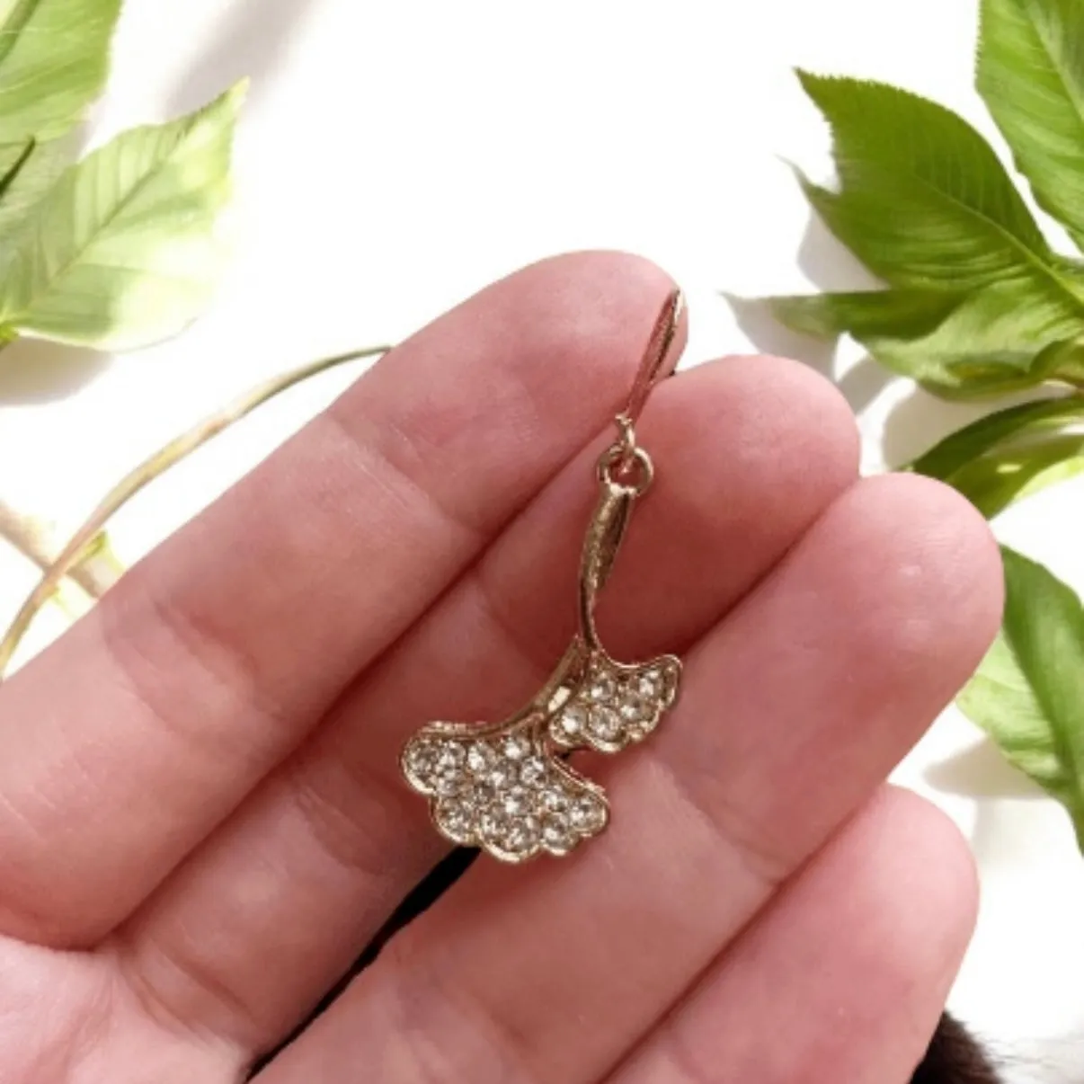 Minimalist - Ginkgo leaf Flower Gold statement earrings | mini rhinestone dangly drop earrings | floral geometric earrings | Korean earrings