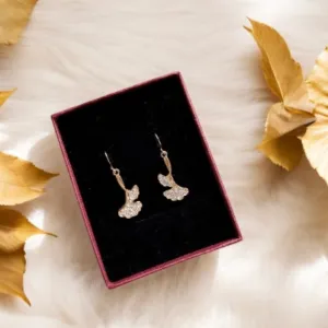 Minimalist - Ginkgo leaf Flower Gold statement earrings | mini rhinestone dangly drop earrings | floral geometric earrings | Korean earrings