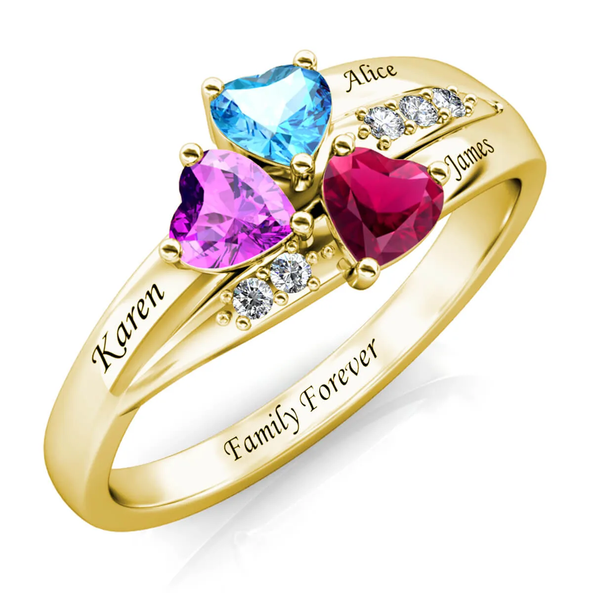 Mum's Personalised Ring, Gold Engraved Name Ring with Birthstones, Sterling Silver