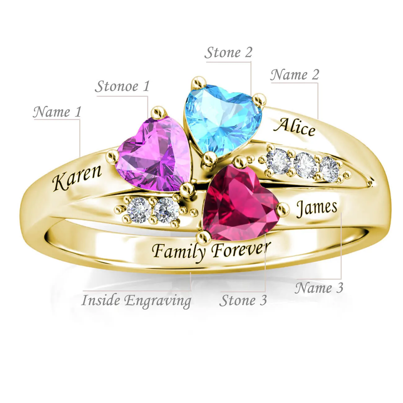 Mum's Personalised Ring, Gold Engraved Name Ring with Birthstones, Sterling Silver