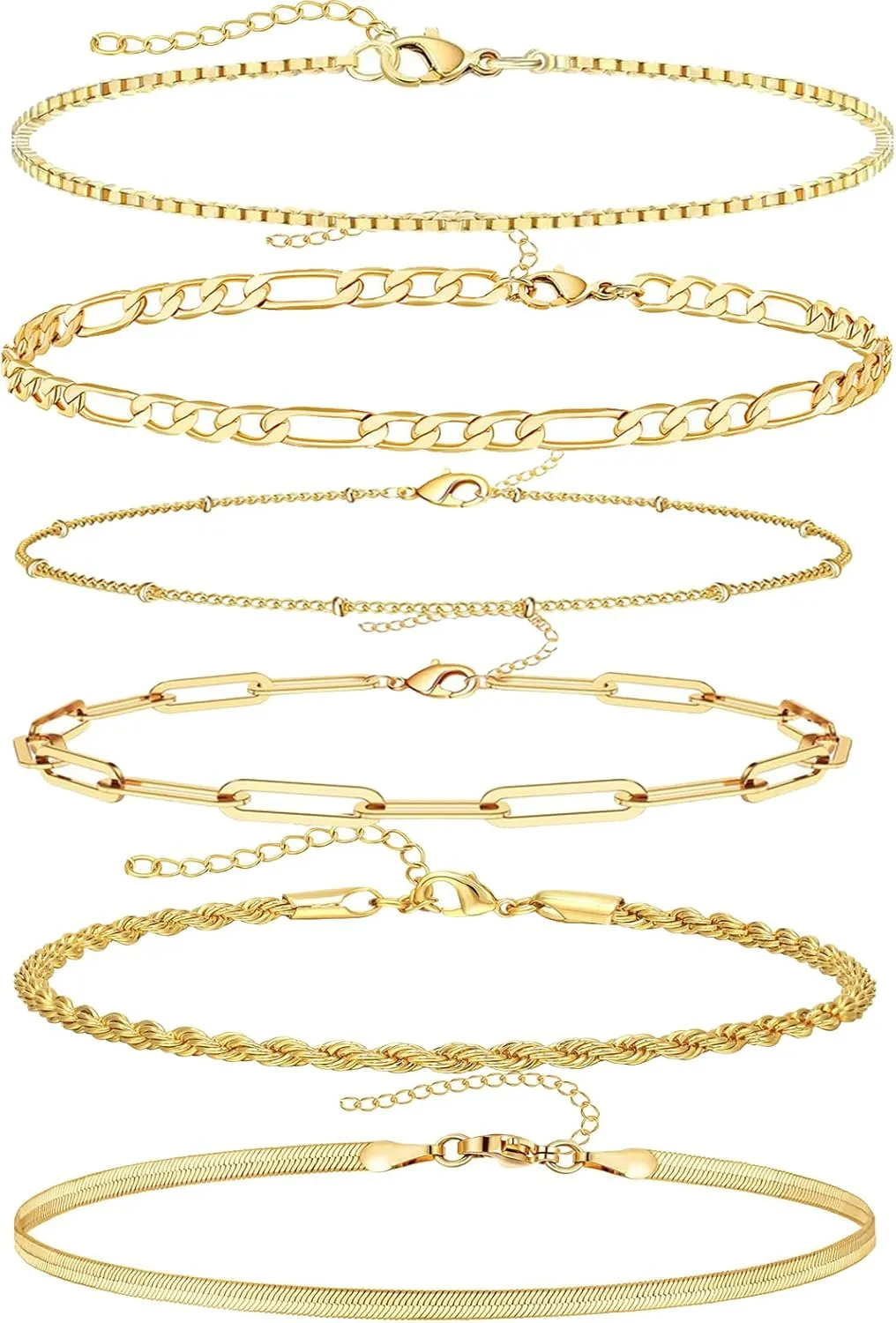 MYANAIL 6Pcs Minimalist 14K Gold Chain Bracelet Set for Women Stackable Link Chain Bangle Metal Bracelet Jewelry Holiday Beach Anklet Set Cuban/Snake/Box/Paper Clip Chain