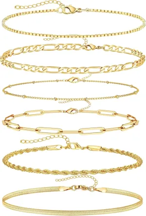 MYANAIL 6Pcs Minimalist 14K Gold Chain Bracelet Set for Women Stackable Link Chain Bangle Metal Bracelet Jewelry Holiday Beach Anklet Set Cuban/Snake/Box/Paper Clip Chain