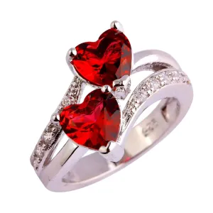 Narica Silver Plated 7x7mm Double Heart Cut Created Ruby Spinel Cubic Zirconia Filled Halo Wedding Engagement Band Elegant Womens Ring for Mom Bridal Lover Size 7