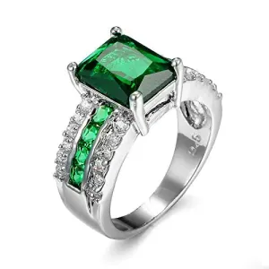 Narica Silver Plated Sparkling Emerald Princess Cut Created Emerald Quartz CZ Cubic Zirconia Pave Filled Halo Wedding Engagement Band Elegant Womens Ring for Mom Bridal Lover Size 8