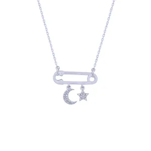 Necklace Silver With Pin, Moon And Star