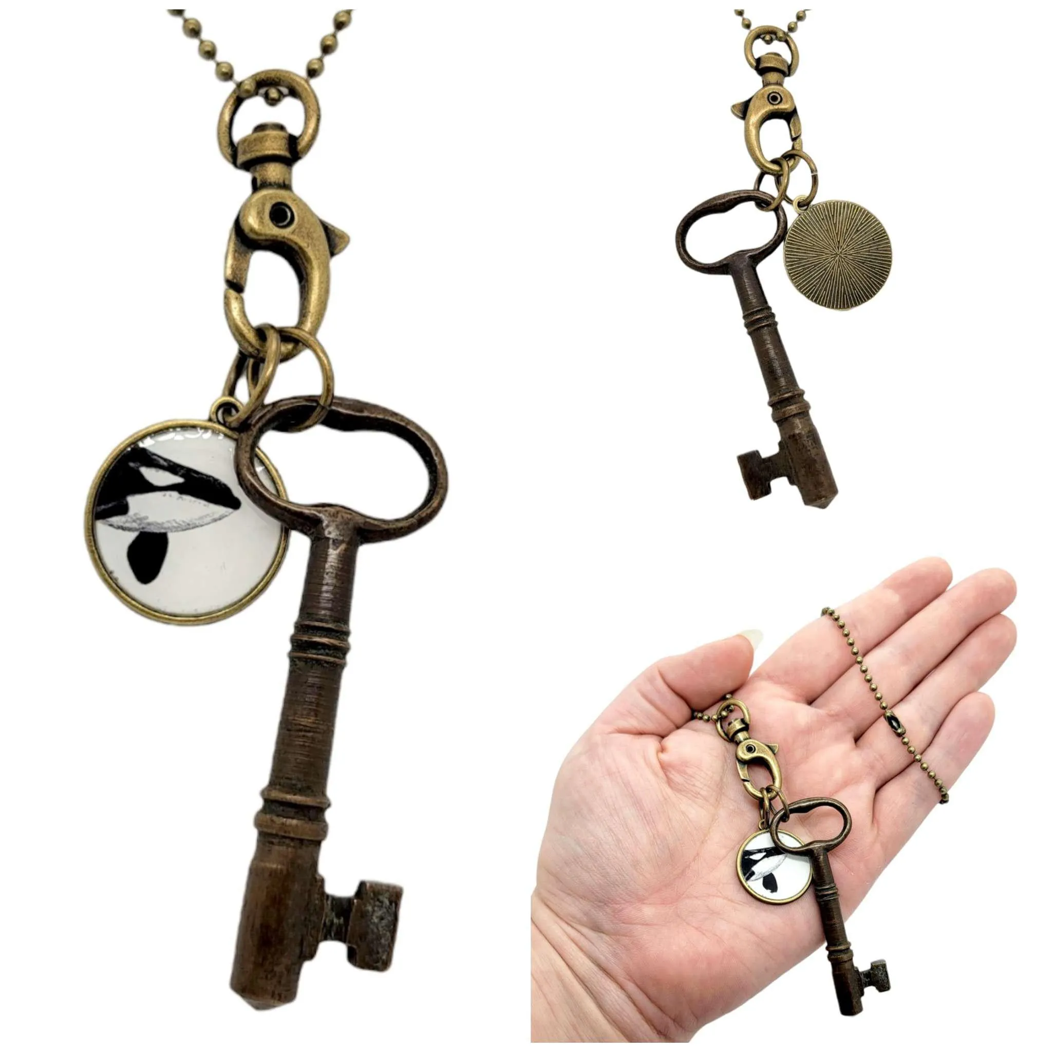 Necklace - Vintage Image - Orca & Key (Brass) by Christine Stoll | Altered Relics