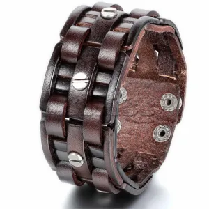 New Brown Leather Bracelets Rock Punk Wide Cuff Bracelet Screw bangle for Men Jewelry Accessory Wholesale 9.7 inch Adjustable
