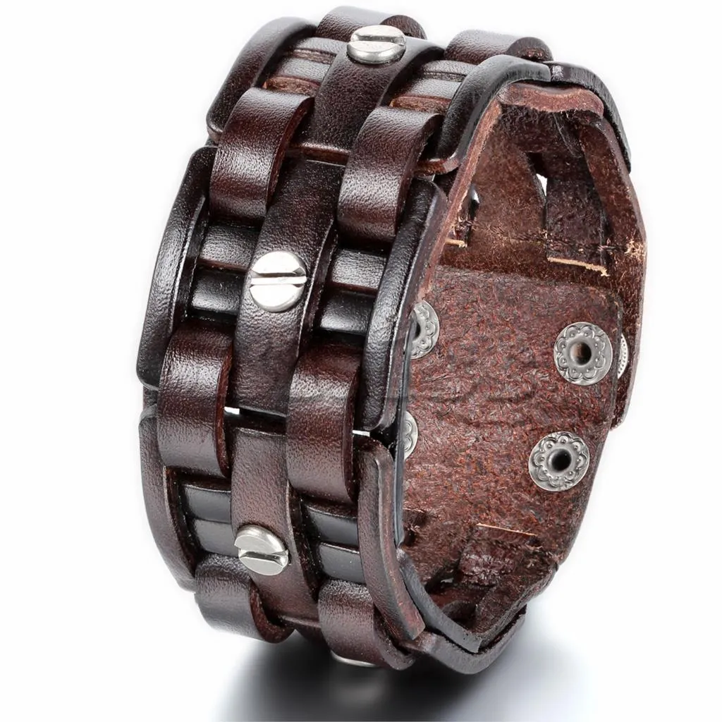 New Brown Leather Bracelets Rock Punk Wide Cuff Bracelet Screw bangle for Men Jewelry Accessory Wholesale 9.7 inch Adjustable
