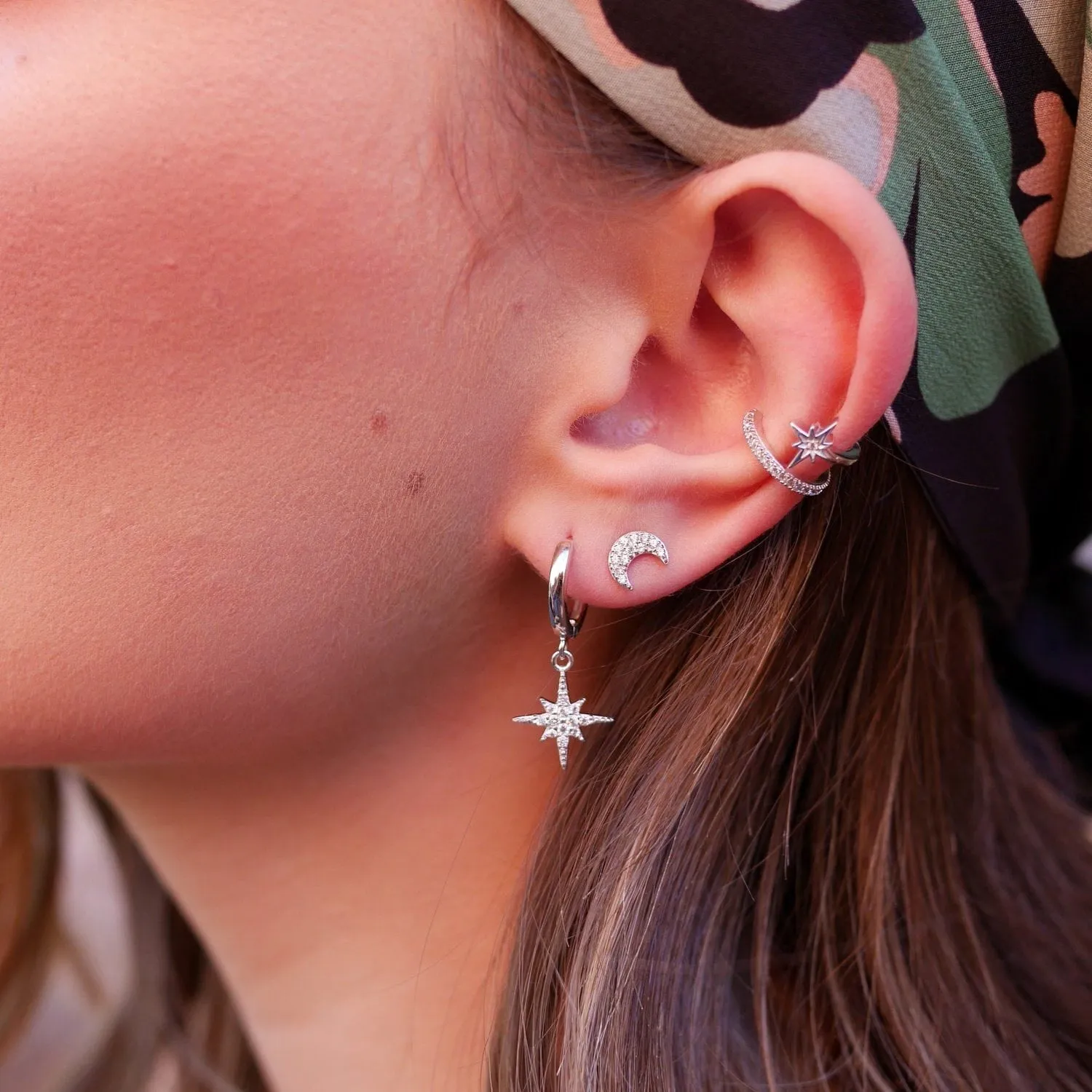 Pave Crescent Moon Stud Earrings