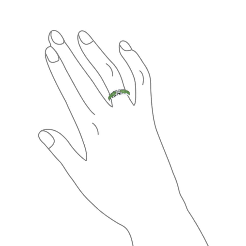 Pave CZ Accent Criss Cross Cocktail Statement Ring with Green Jade Band in Sterling Silver