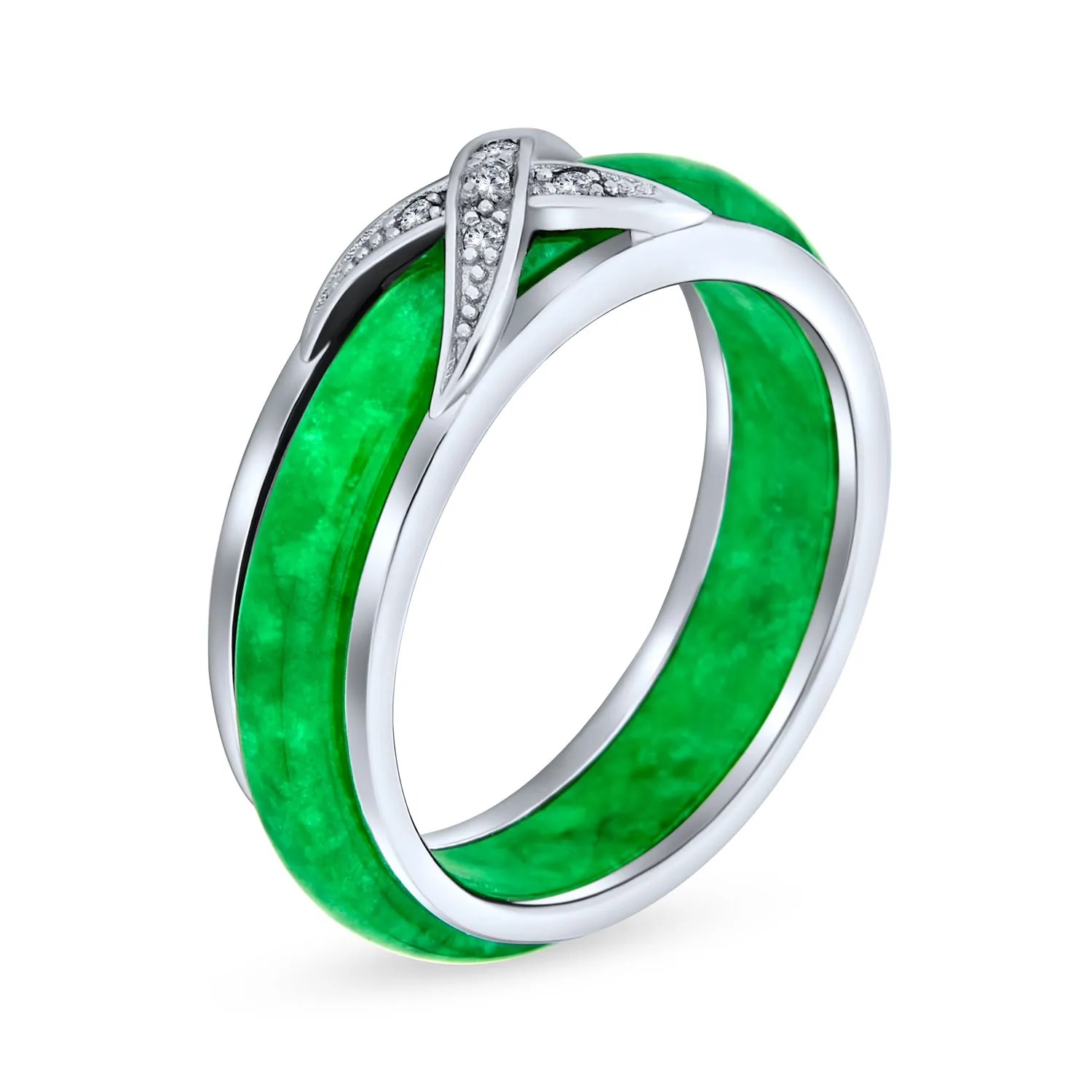Pave CZ Accent Criss Cross Cocktail Statement Ring with Green Jade Band in Sterling Silver