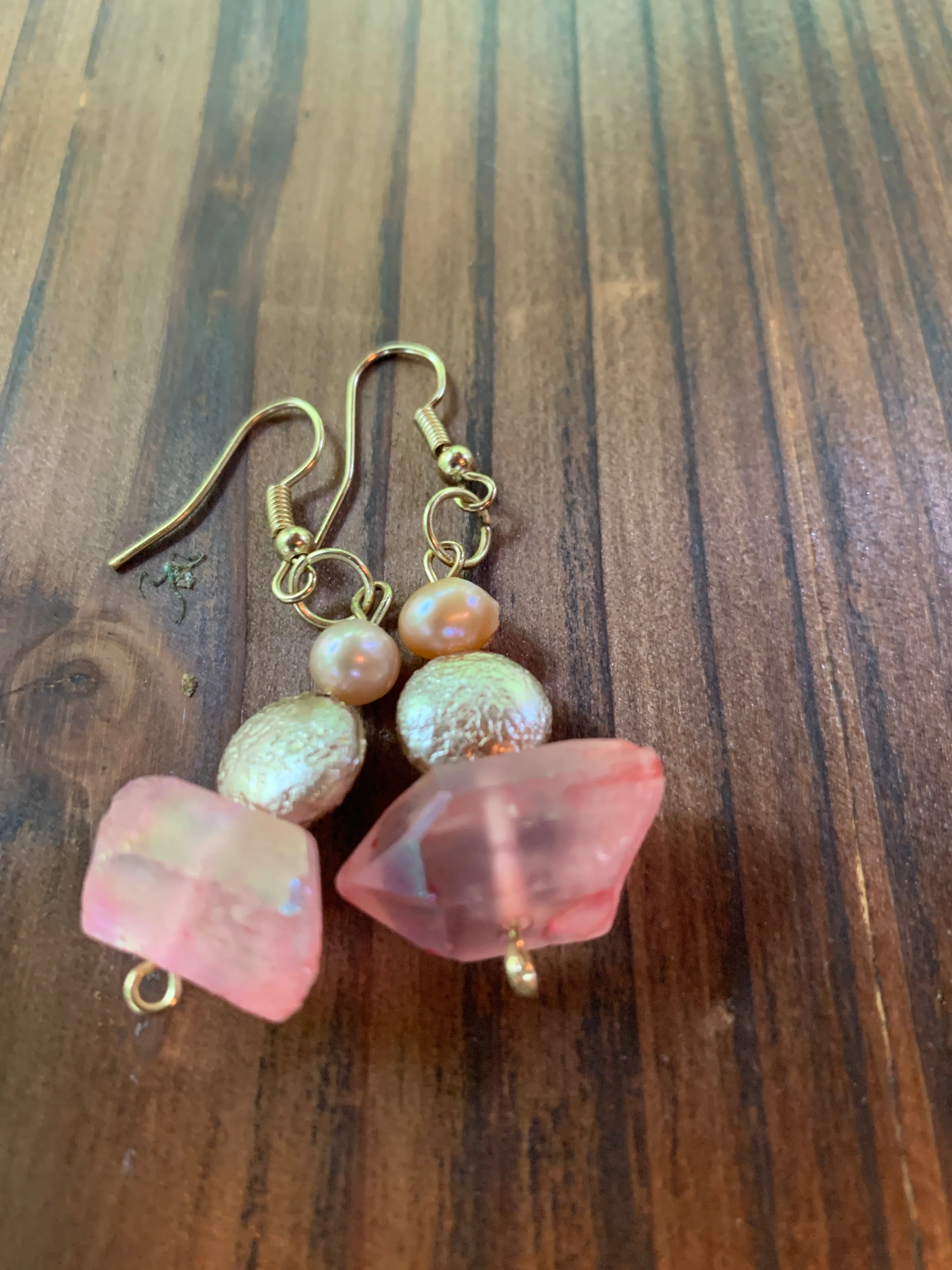 Peach Chunk Quartz & Fresh Water Pearl Earrings