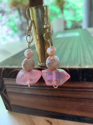 Peach Chunk Quartz & Fresh Water Pearl Earrings