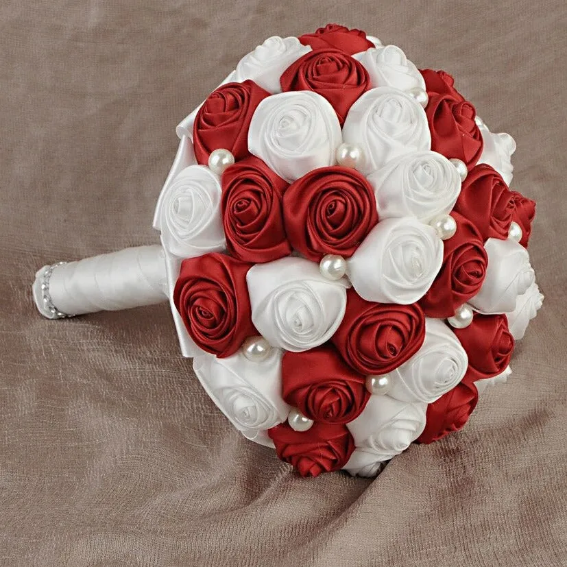 Red Luxury Round Bouquet l  Satin Roses Brooch Bouquet~ BOU-026
