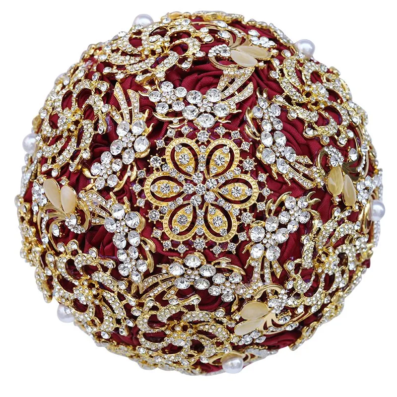Red Luxury Round Bouquet l  Satin Roses Brooch Bouquet~ BOU-026