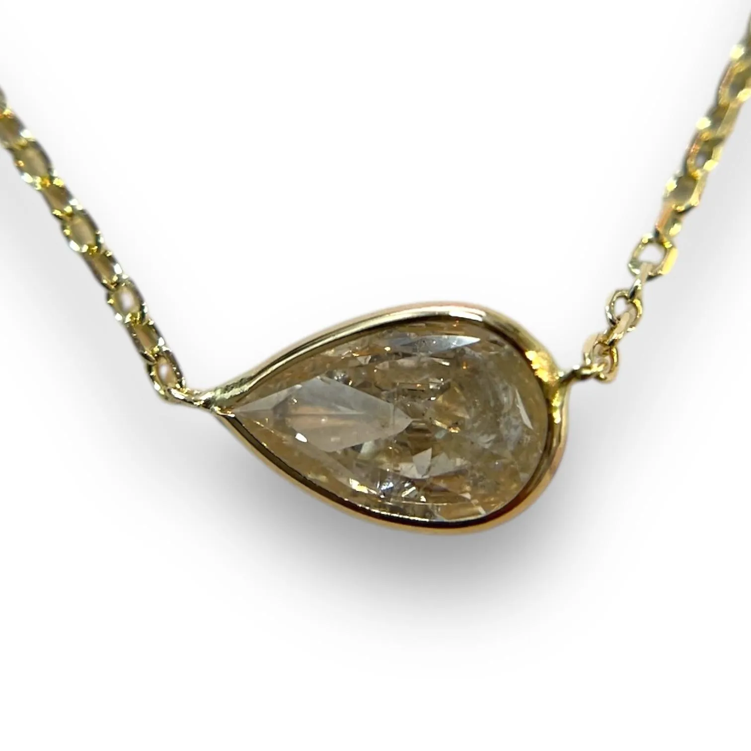 Refined 14K Yellow Gold 1.03ct Pear Natural Diamond Bezeled Necklace