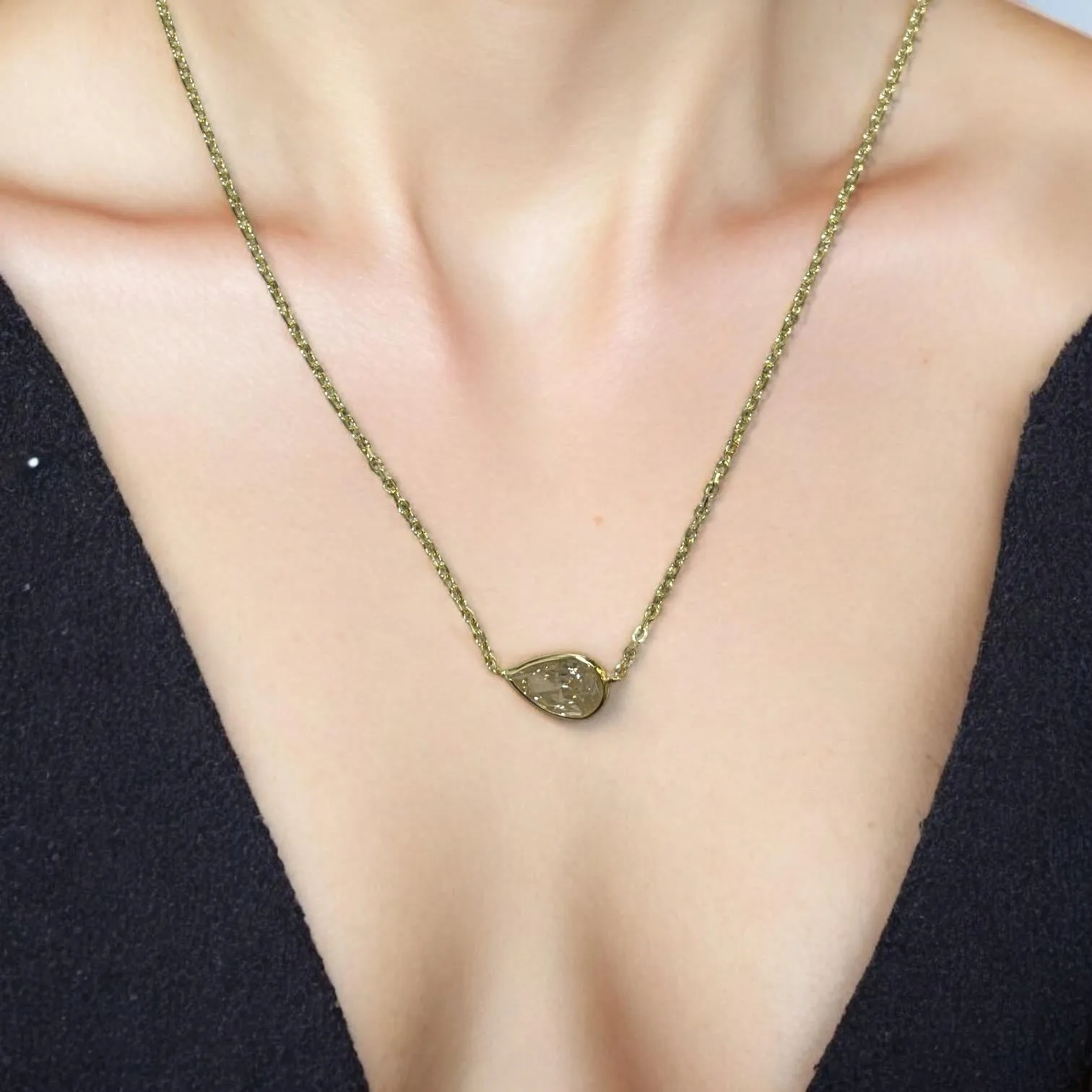 Refined 14K Yellow Gold 1.03ct Pear Natural Diamond Bezeled Necklace